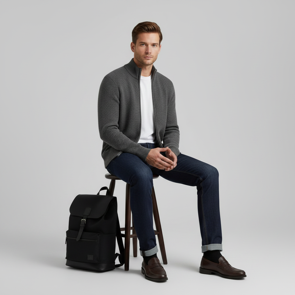 Men's Black Zip Cardigan | Slim Fit Ribbed Knit Sweater