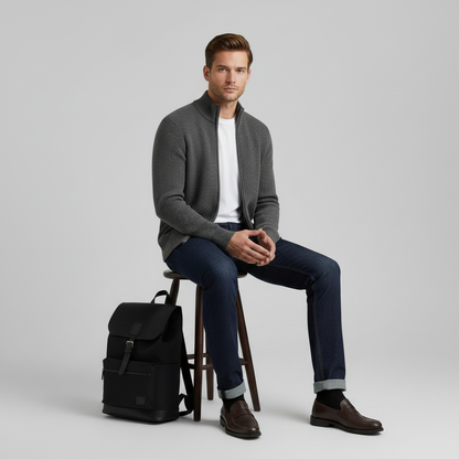 Men's Black Zip Cardigan | Slim Fit Ribbed Knit Sweater