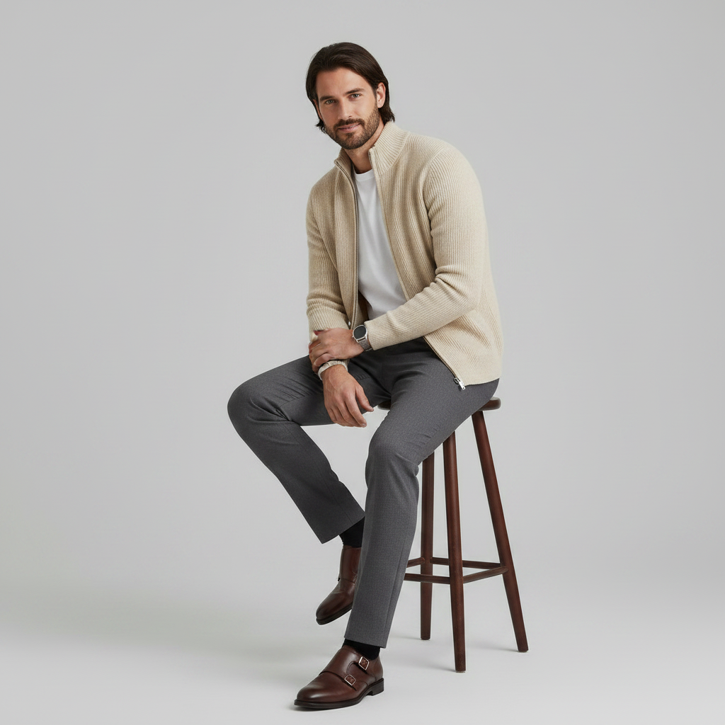 Men's Black Zip Cardigan | Slim Fit Ribbed Knit Sweater