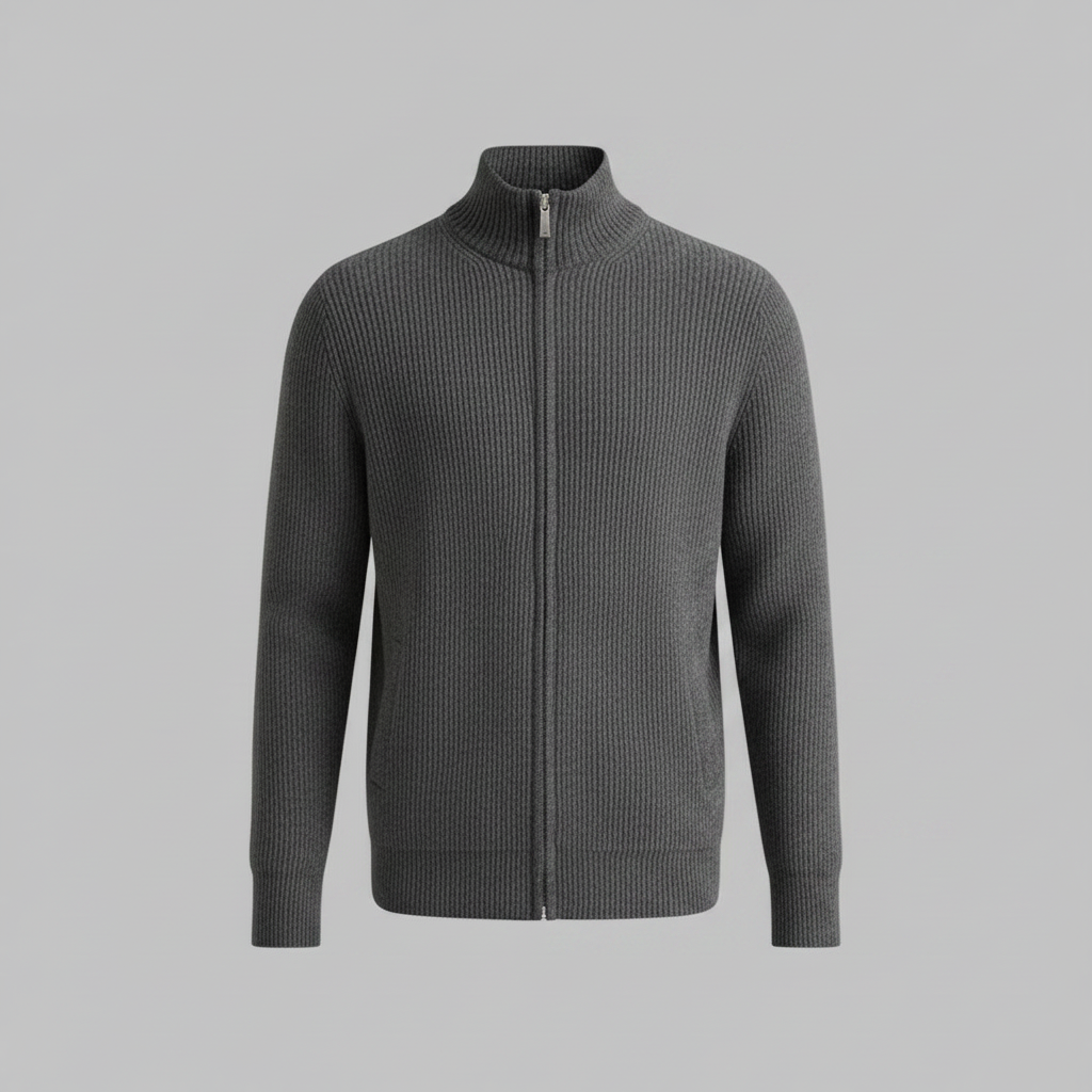 Men's Black Zip Cardigan | Slim Fit Ribbed Knit Sweater