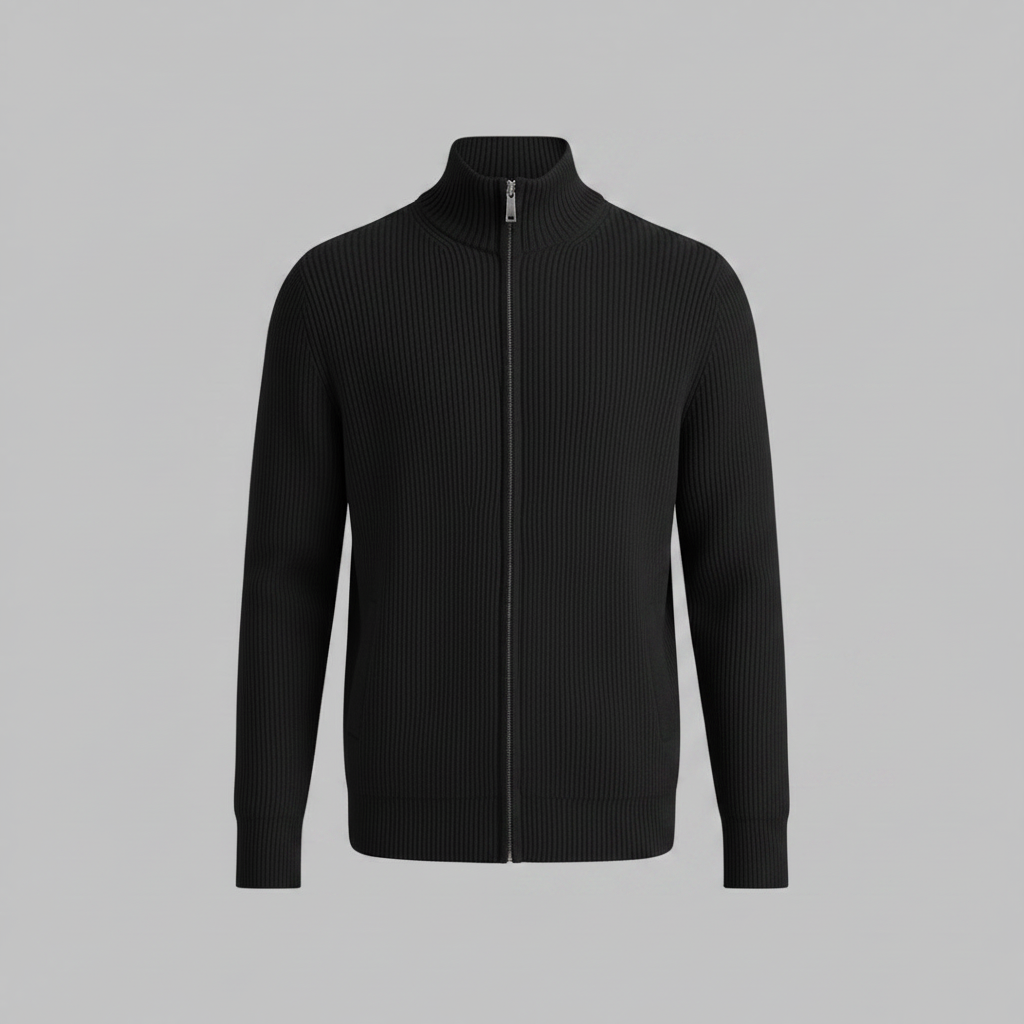 Men's Black Zip Cardigan | Slim Fit Ribbed Knit Sweater