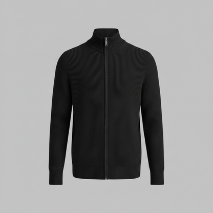Men's Black Zip Cardigan | Slim Fit Ribbed Knit Sweater