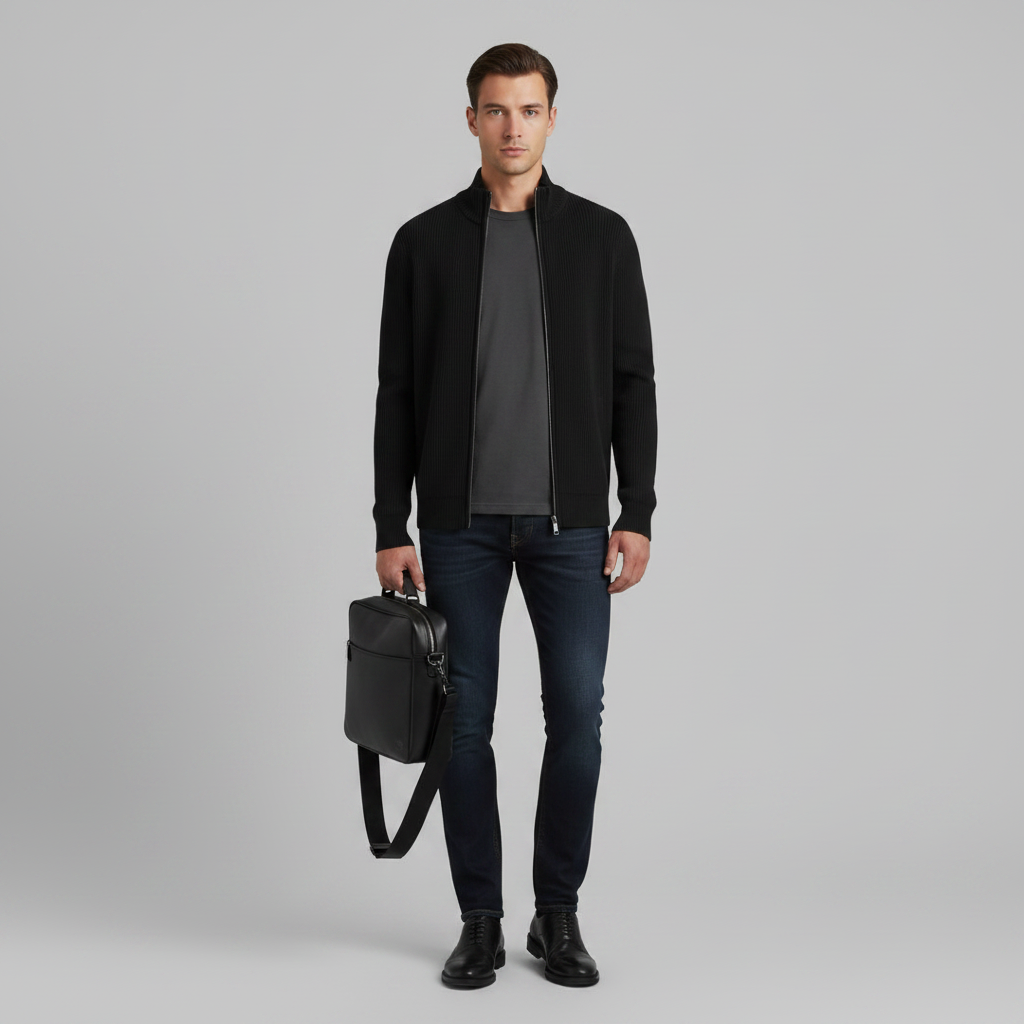 Men's Black Zip Cardigan | Slim Fit Ribbed Knit Sweater