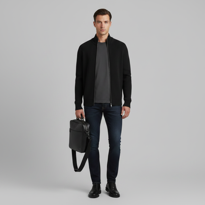 Men's Black Zip Cardigan | Slim Fit Ribbed Knit Sweater