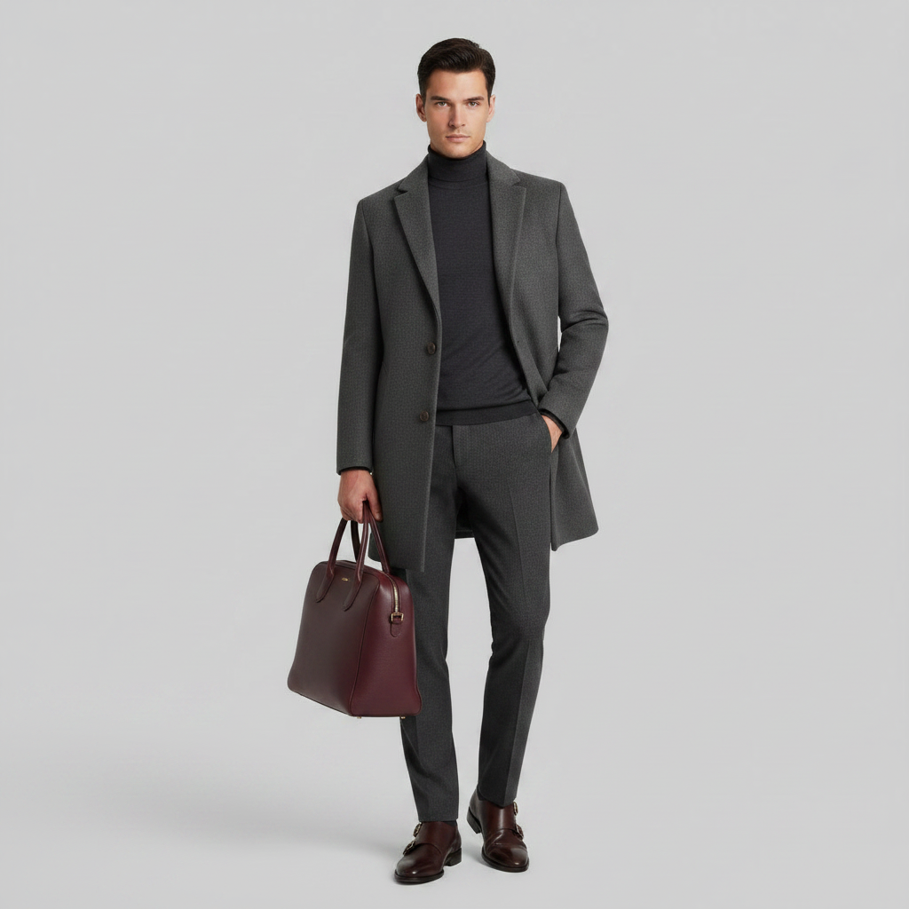 Men's Long Coat | Notched Lapel Two-Button Overcoat